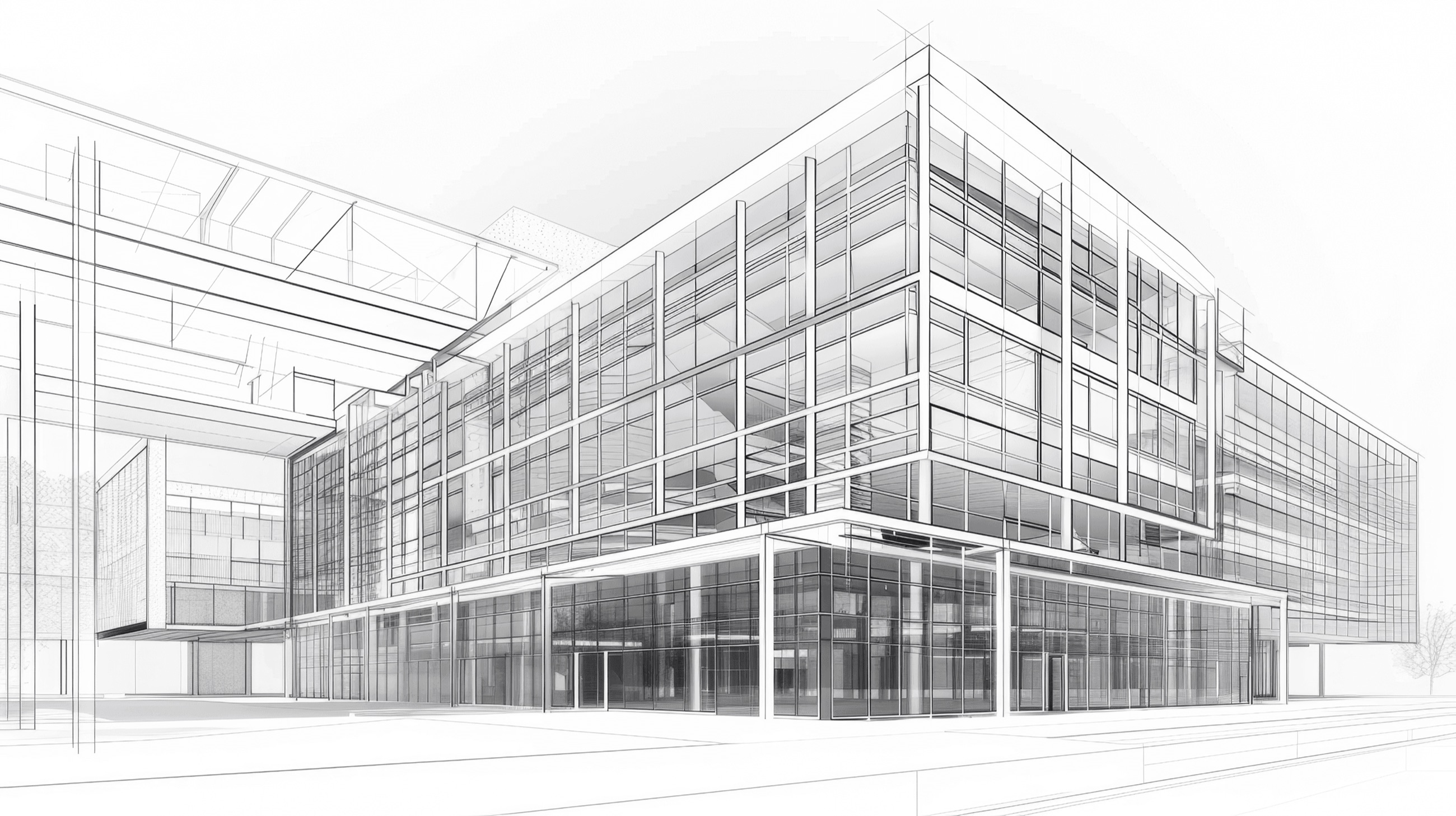 Line drawing of a glazed office building with its structure exposed