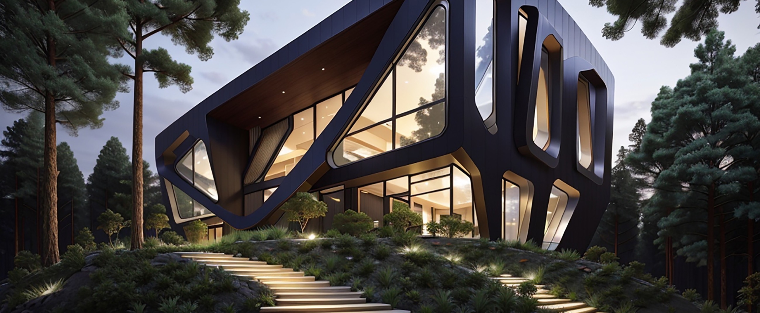 Sculptural dark house with angled glazing set among pine trees at dusk