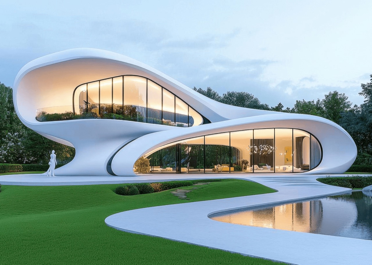 White flowing pavilion with curved glazed volumes beside a reflecting pool