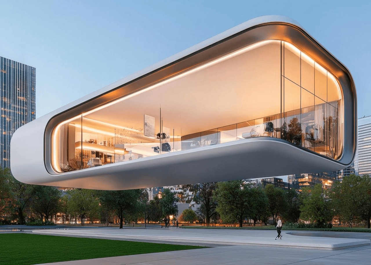 Cantilevered glass-fronted building lit from within at dusk