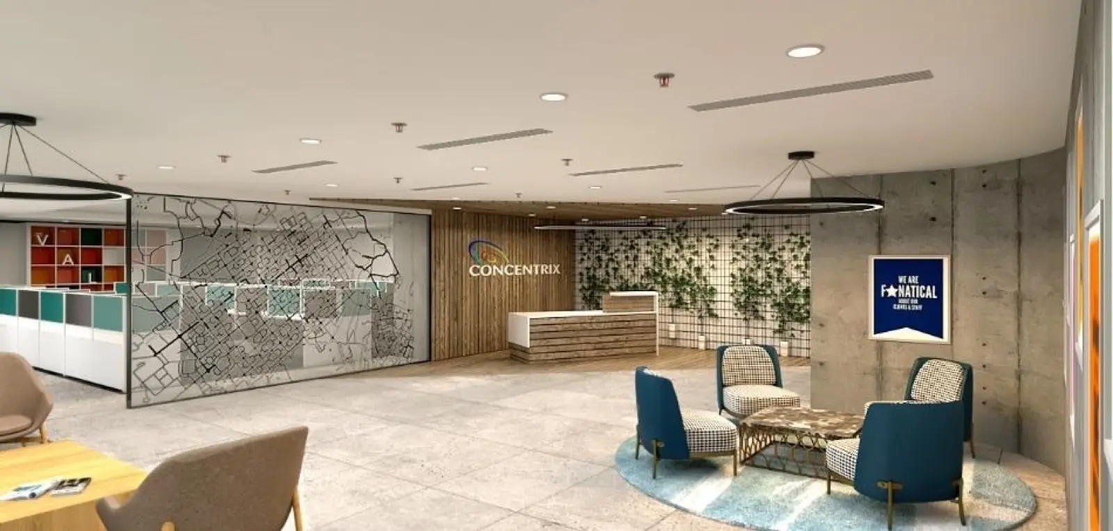 A workplace reception with planting and daylight